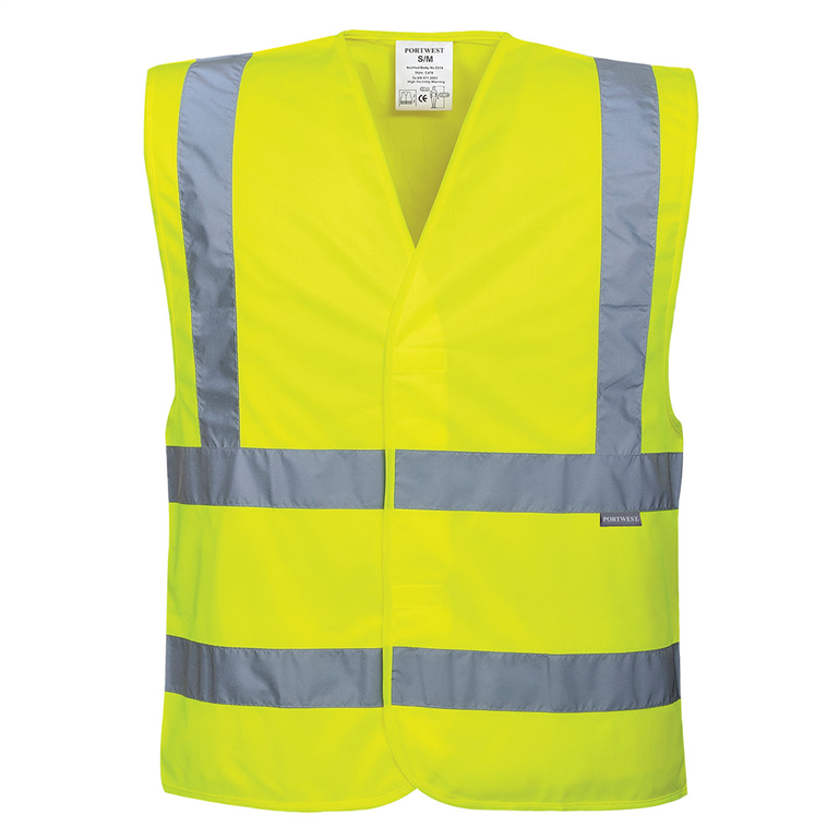 Hi-Vis vest Class 2 polyester with velcro fastening at front.
CE Marked and Conforms to EN20471 Class 2 Gallery Image